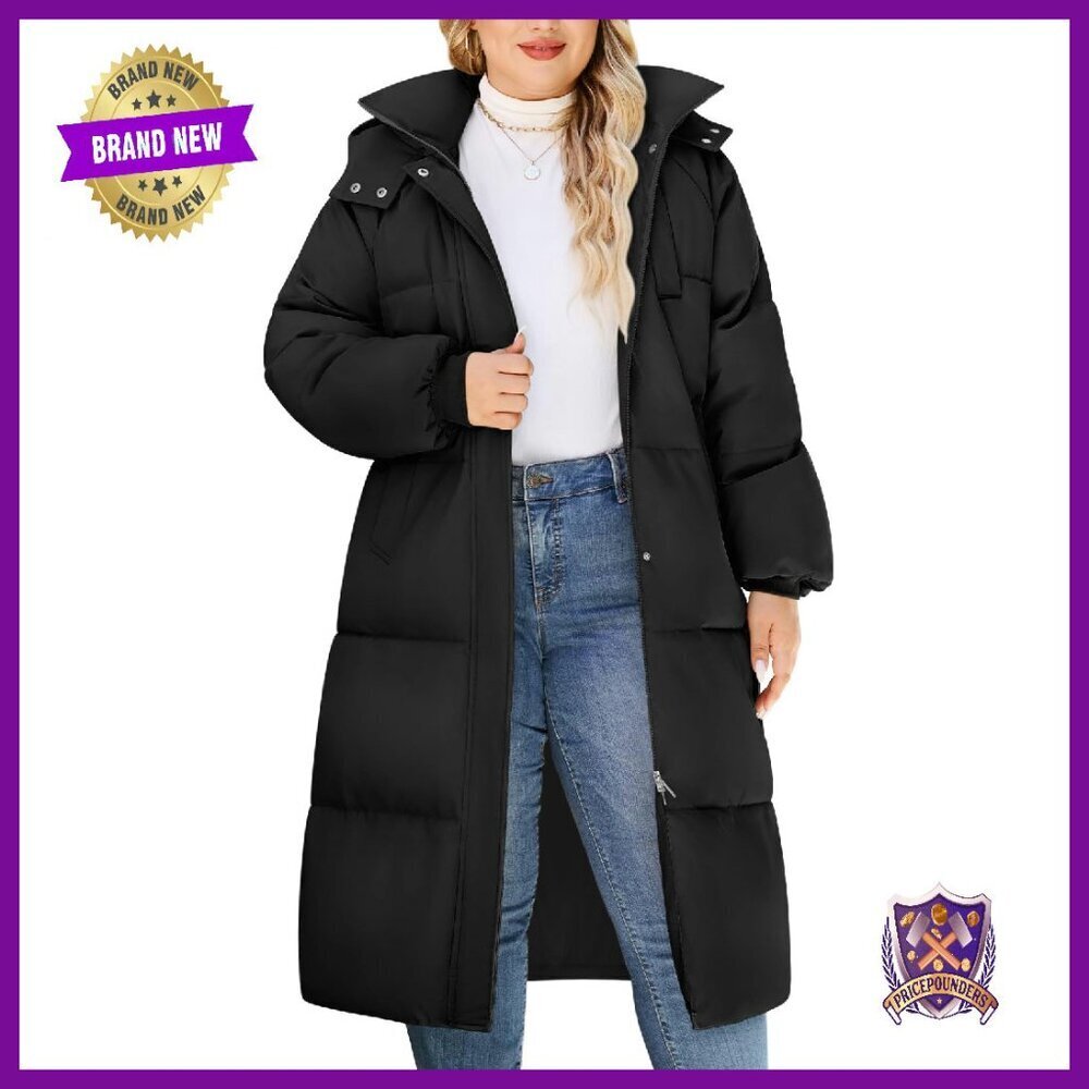 Plus Size Long Puffer Jacket Hooded Water Repellent Winter Parka XL-4XL
